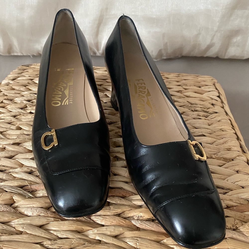 Salvatore Ferragamo Black Leather Flats with Gold Buckle